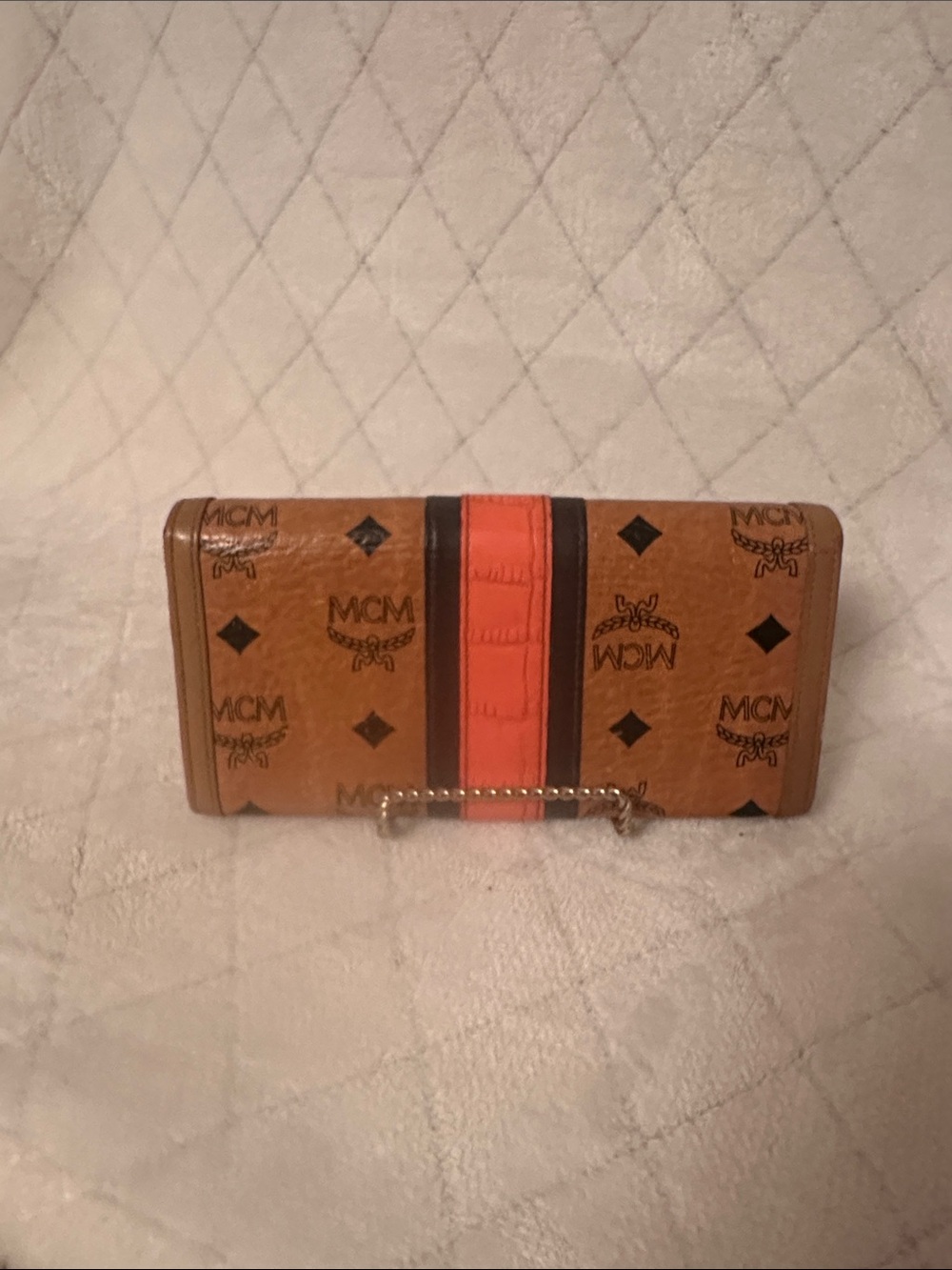 MCM Cognac Monogram Clutch with Orange and Brown Center Stripe - Picture 2 of 11